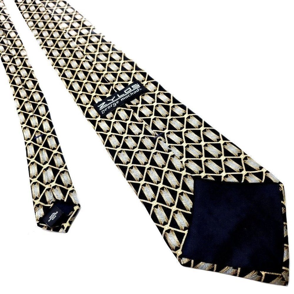 Zylos George Machado Beige Silk Tie Woven Wide Geometric - Picture 3 of 6